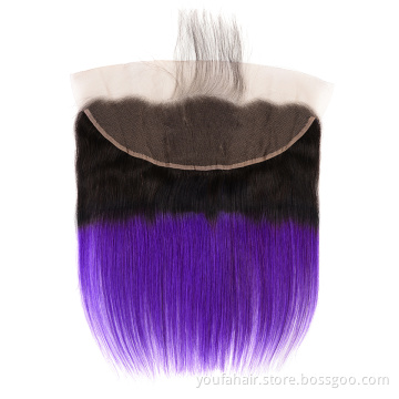 Brazilian Straight Human Hair Swiss Lace Frontal Virgin Hair Pre Colored 13x4 Ombre 2 Tone 1b Purple/Pink/99J/Burg Plucked Hair
